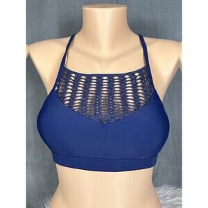 New Uniquely Lorna Jane Bikini Top Size Small Padded Navy Blue Crochet Smiley